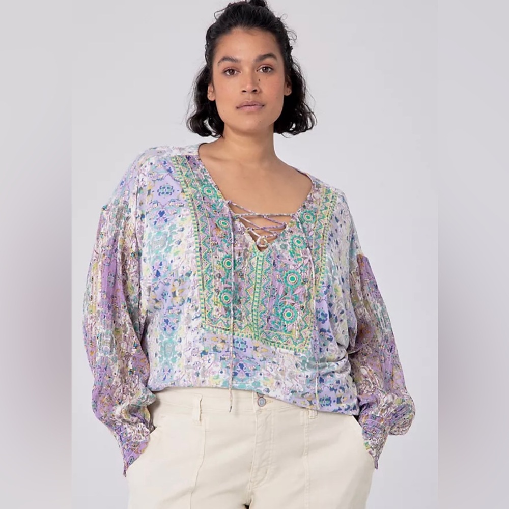 By Anthropologie Odetta Embroidered Pastel Boho Blouse Top Purple Green 2X
